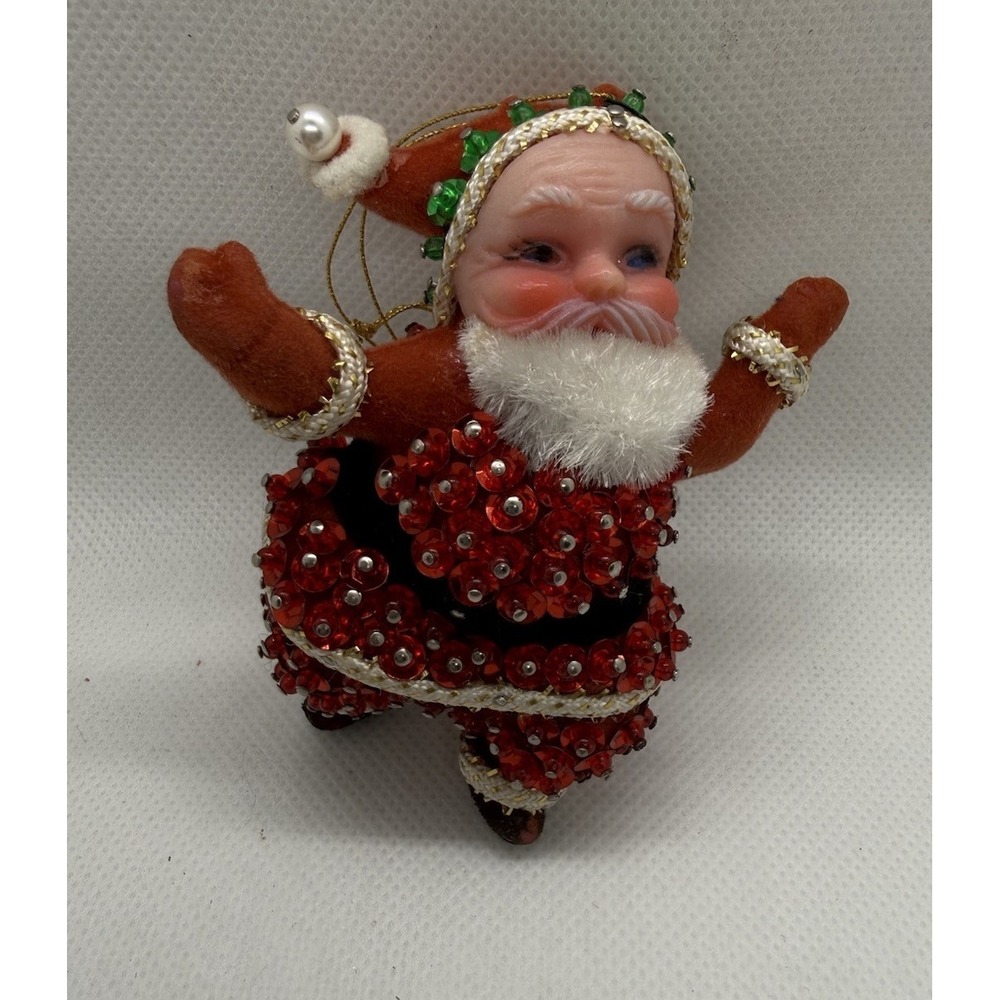 Vintage Walco Santa Flocked‎ Beaded 3" Christmas Ornament